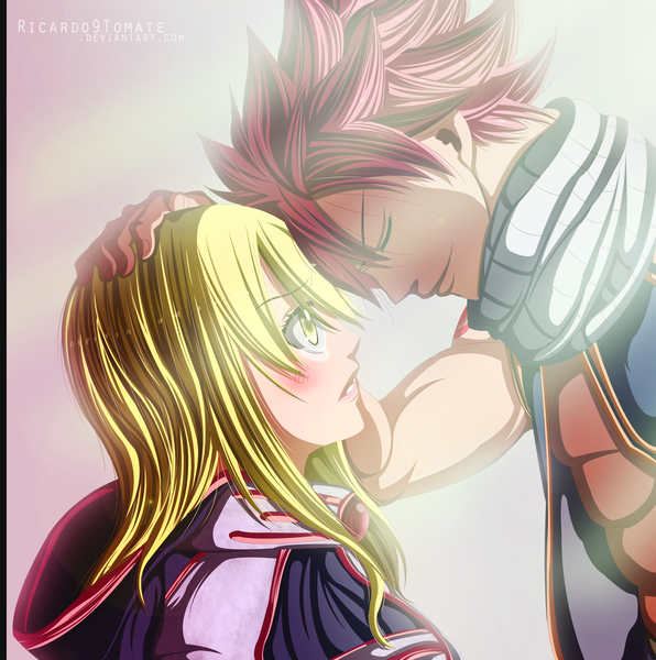 Anime picture 2300x2319 with fairy tail lucy heartfilia natsu dragneel ric9duran long hair tall image blush highres short hair blonde hair smile yellow eyes pink hair eyes closed profile tattoo sleeveless tears coloring light