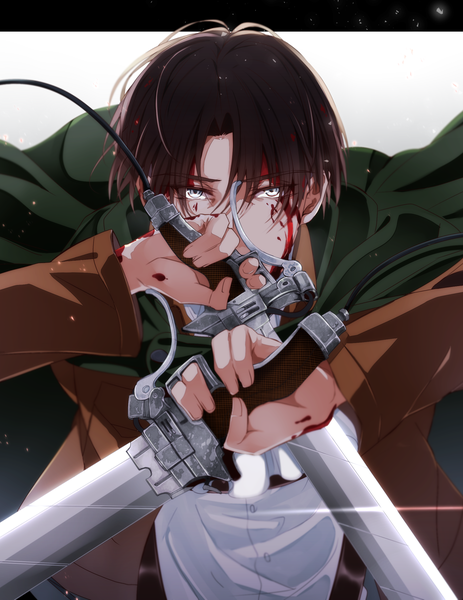 Anime picture 1390x1800 with shingeki no kyojin production i.g levi (rivaille) kanda faf2 single tall image looking at viewer short hair brown hair upper body letterboxed silver eyes blood on face bleeding crossed swords boy weapon sword blood
