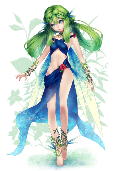 Anime picture 800x1200 with original aka-shiro single long hair tall image light erotic simple background white background bare shoulders braid (braids) aqua eyes green hair midriff drill hair girl dress navel flower (flowers)