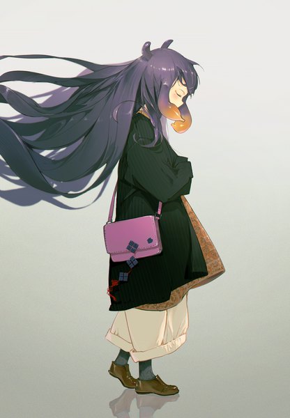 Anime picture 2449x3533 with virtual youtuber hololive hololive english ninomae ina'nis dino (dinoartforame) single tall image highres simple background standing animal ears purple hair full body eyes closed very long hair profile wind grey background alternate costume reflection