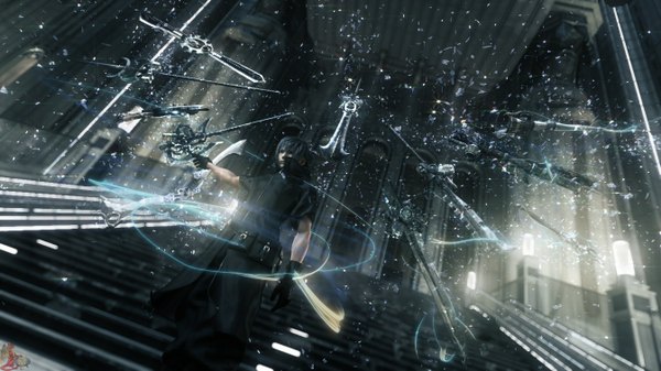 Anime picture 1344x756 with final fantasy final fantasy xiii square enix noctis lucis caelum short hair wide image realistic magic boy gloves weapon sword stairs
