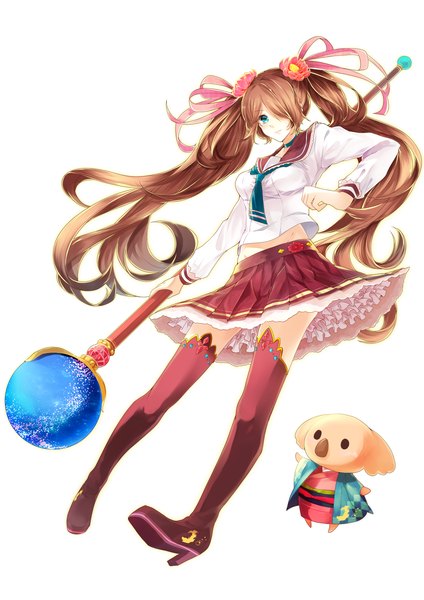Anime picture 1166x1649 with original hiroimu single tall image fringe blue eyes brown hair white background twintails very long hair hair flower hair over one eye girl thighhighs skirt hair ornament flower (flowers) ribbon (ribbons) hair ribbon shirt