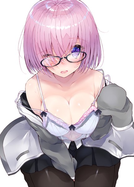 Anime picture 1000x1390 with fate (series) fate/grand order mash kyrielight kou mashiro single tall image looking at viewer blush fringe short hair breasts open mouth light erotic simple background large breasts white background purple eyes pink hair pleated skirt one eye closed