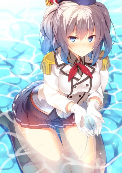 Anime picture 751x1062 with kantai collection kashima training cruiser hatsuki kaname single long hair tall image looking at viewer blush blue eyes silver hair girl skirt gloves uniform miniskirt water socks white gloves black socks epaulettes