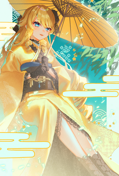 Anime-Bild 1378x2039 mit genshin impact navia (genshin impact) harushio single long hair tall image looking at viewer blush fringe breasts blue eyes blonde hair blunt bangs traditional clothes parted lips japanese clothes wide sleeves new year egasumi girl