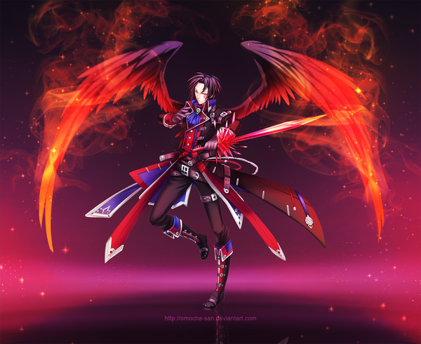 Anime picture 1650x1350 with original zenithomocha single short hair simple background signed yellow eyes purple hair magic boy gloves weapon sword wings belt crystal neckerchief