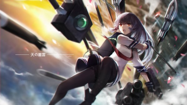 Anime picture 1889x1062 with kantai collection murakumo destroyer swd3e2 single long hair looking at viewer highres open mouth red eyes wide image blue hair blurry evening sunset tress ribbon girl dress gloves ribbon (ribbons) hair ribbon