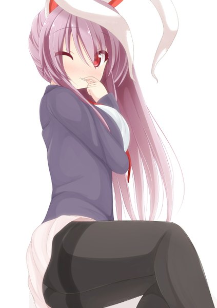Anime picture 918x1302 with touhou reisen udongein inaba chimunge single long hair tall image looking at viewer blush light erotic simple background red eyes white background animal ears purple hair one eye closed wink bunny ears finger to mouth bunny girl girl