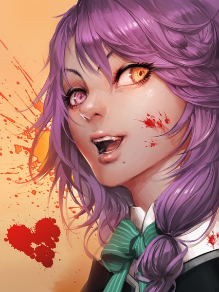 Anime picture 780x1040 with original arieaesu single long hair tall image looking at viewer open mouth yellow eyes purple hair pink eyes light smile teeth fang (fangs) heterochromia close-up blood stains girl bow heart blood
