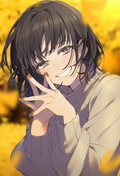 Anime picture 1385x2027 with original sogawa single tall image looking at viewer blush fringe short hair black hair smile upper body long sleeves nail polish head tilt fingernails blurry teeth grey eyes depth of field grin