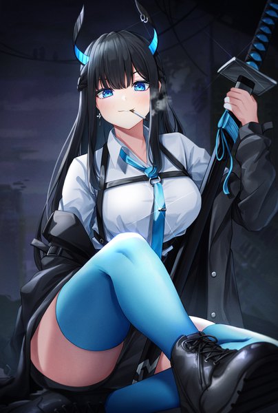 Anime picture 1684x2500 with original lancheu single long hair tall image looking at viewer blush fringe blue eyes black hair sitting holding bent knee (knees) outdoors long sleeves horn (horns) off shoulder night open jacket sparkle