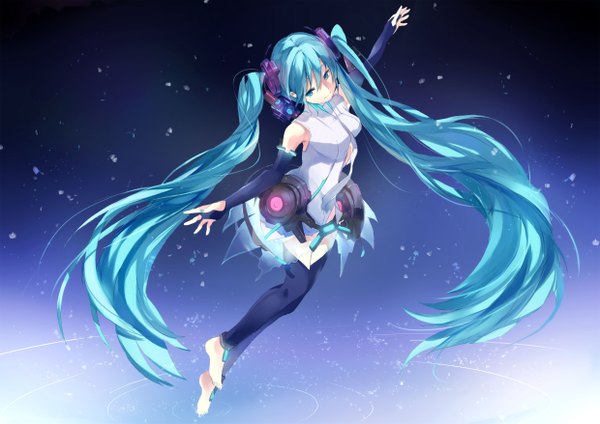 Anime picture 2480x1753 with vocaloid vocaloid append hatsune miku hatsune miku (append) ume (plumblossom) single fringe highres breasts very long hair barefoot aqua eyes from above aqua hair legs glow weightlessness girl detached sleeves necktie