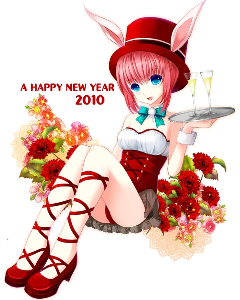 Anime picture 1000x1250 with pangya hana yuuki kira tall image looking at viewer short hair open mouth blue eyes light erotic sitting animal ears pink hair happy new year 2010 girl dress flower (flowers) hat shoes
