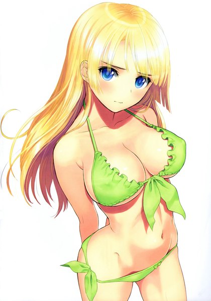 Anime picture 2098x3000 with tony taka single long hair tall image looking at viewer blush fringe highres breasts blue eyes light erotic simple background blonde hair large breasts white background bare shoulders bare belly embarrassed erect nipples covered nipples