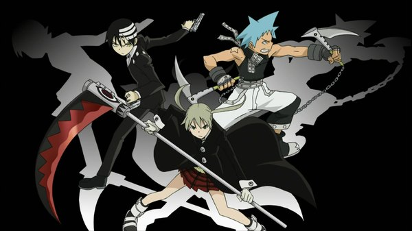 Anime picture 1920x1080 with soul eater studio bones maka albarn death the kid black star highres short hair black hair wide image twintails multicolored hair grey hair aqua hair shadow streaked hair black background group girl boy skirt