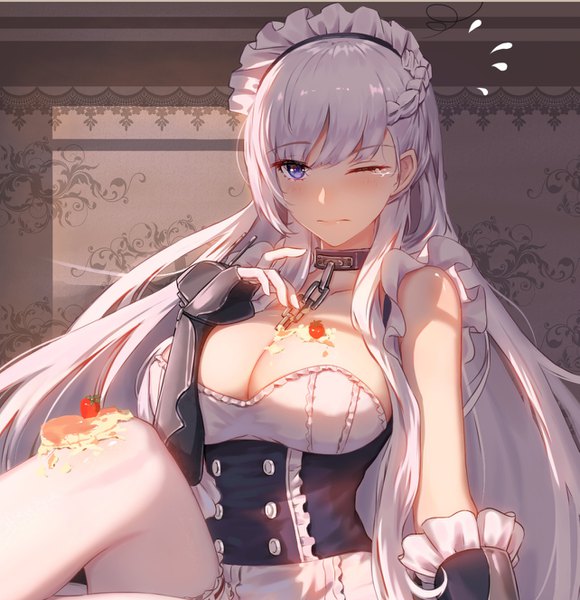 Anime picture 1283x1326 with azur lane belfast (azur lane) 5555 96 single long hair tall image blush fringe breasts light erotic hair between eyes large breasts sitting purple eyes payot looking away cleavage silver hair braid (braids) one eye closed