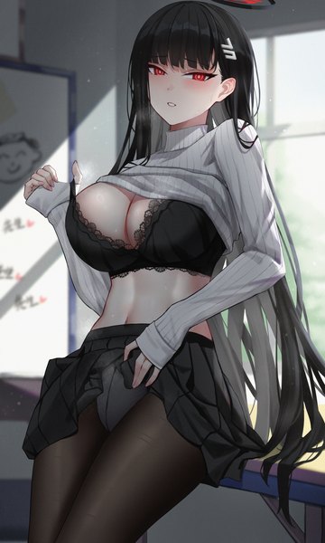 Anime picture 2657x4428 with blue archive rio (blue archive) sensei (blue archive) doodle sensei (blue archive) yukiaka single long hair tall image looking at viewer fringe highres breasts light erotic black hair red eyes large breasts standing indoors blunt bangs long sleeves