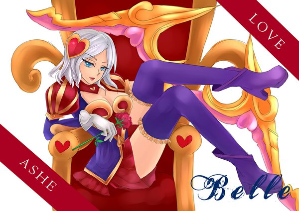 Anime picture 1008x713 with league of legends ashe (league of legends) belle (artist) short hair blue eyes sitting grey hair girl thighhighs dress flower (flowers) weapon shoes rose (roses) armchair bow (weapon)