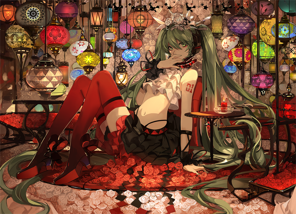 Anime picture 1500x1085 with vocaloid hatsune miku saberiii single looking at viewer bare shoulders very long hair aqua eyes aqua hair girl thighhighs skirt navel hair ornament flower (flowers) headphones rose (roses)