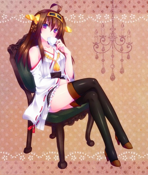 Anime picture 850x1000 with kantai collection kongou battleship door to heaven single long hair tall image brown hair sitting purple eyes bare shoulders ahoge traditional clothes crossed legs nontraditional miko girl thighhighs hair ornament black thighhighs detached sleeves cup
