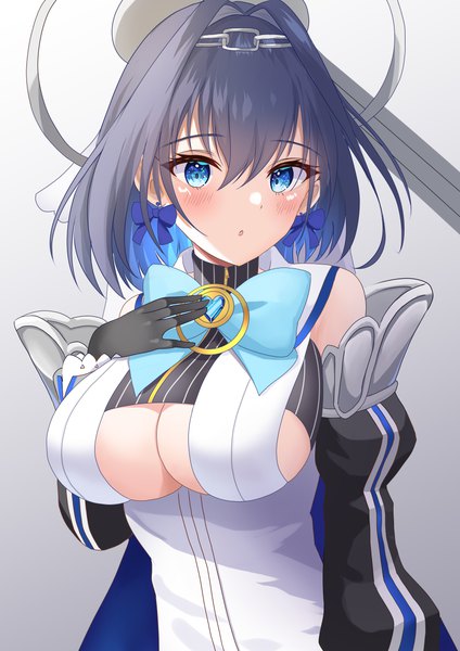 Anime picture 3541x5016 with virtual youtuber hololive hololive english ouro kronii ouro kronii (1st costume) onabe no shime single tall image blush fringe highres short hair breasts blue eyes light erotic black hair simple background hair between eyes large breasts looking away
