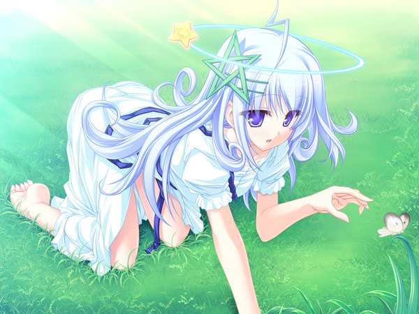 Anime picture 1600x1200 with 77 kuu (77) tenmaso single long hair blue eyes blue hair barefoot wallpaper kneeling girl dress hair ornament plant (plants) white dress grass star hair ornament