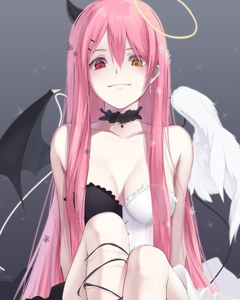 Anime picture 1200x1500 with original inosia single long hair tall image looking at viewer blush fringe breasts light erotic simple background hair between eyes red eyes bare shoulders yellow eyes pink hair cleavage horn (horns) grey background sparkle