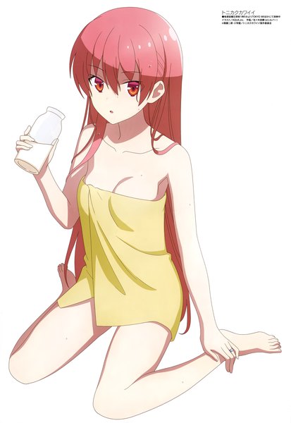 Anime picture 4090x5941 with tonikaku kawaii megami magazine yuzaki tsukasa aqua inc. single long hair tall image looking at viewer fringe highres breasts open mouth light erotic simple background hair between eyes red eyes white background sitting bare shoulders holding