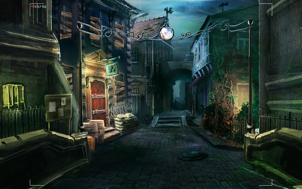 Anime picture 1280x800 with wolfewolf (arist) wide image night night sky light no people street plant (plants) building (buildings) fence house road door roof weather vane