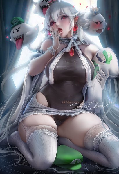 Anime-Bild 684x1000 mit super mario bros. new super mario bros. u deluxe princess king boo boo (mario) luigi sakimichan single tall image looking at viewer blush fringe breasts open mouth light erotic hair between eyes red eyes large breasts signed white hair very long hair