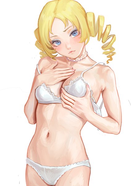 Anime picture 1000x1414 with catherine (game) catherine fkey single long hair tall image looking at viewer blush fringe breasts blue eyes light erotic simple background blonde hair large breasts standing twintails head tilt grey background bare belly