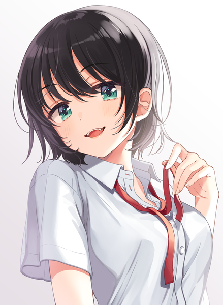 Anime picture 1060x1449 with original shigure ui single tall image looking at viewer blush fringe short hair breasts open mouth black hair simple background hair between eyes green eyes upper body short sleeves fang (fangs) gradient background girl ribbon (ribbons)