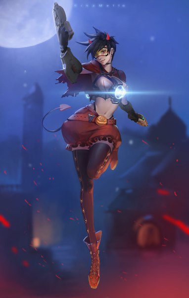 Anime picture 1024x1608 with overwatch blizzard entertainment tracer (overwatch) rikamello single tall image short hair light erotic black hair red eyes signed full body bent knee (knees) tail horn (horns) realistic night bare belly depth of field piercing