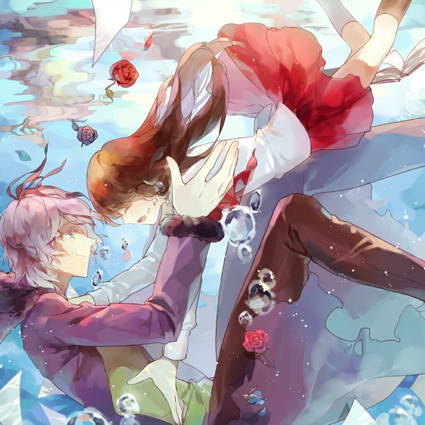 Anime picture 1100x1100 with ib (game) garry (ib) ib (ib) moca (p0ckylo) long hair short hair open mouth smile brown hair looking away purple hair eyes closed couple hug underwater crying girl boy skirt flower (flowers)