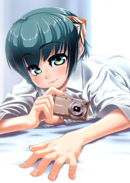 Anime picture 1908x2687 with kurowashi single tall image highres short hair green eyes green hair loli girl camera