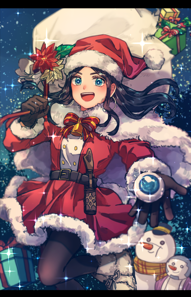 Anime picture 968x1508 with golden kamuy asirpa araiguma (gomipanda123) single long hair tall image blush open mouth blue eyes black hair sparkle alternate costume fur trim christmas letterboxed outstretched hand girl hat earrings pantyhose