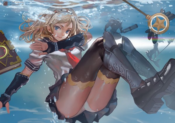 Anime picture 1250x880 with league of legends lux (league of legends) garen (league of legends) nami (league of legends) canking long hair looking at viewer blue eyes light erotic blonde hair smile pleated skirt lips underwater leg lift (legs lift) girl thighhighs skirt gloves underwear