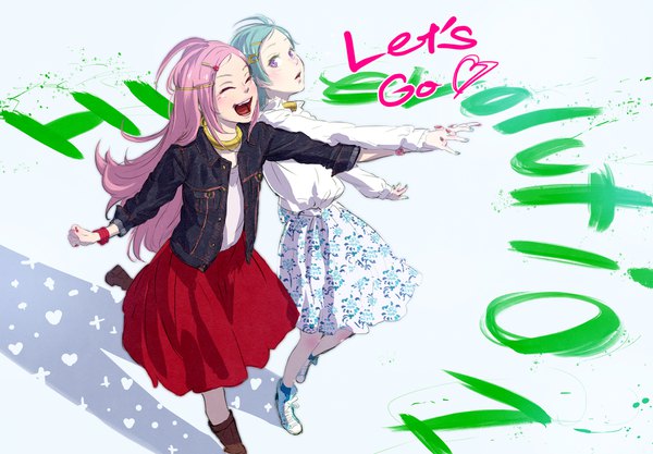 Anime picture 1920x1336 with eureka seven studio bones eureka anemone takami masahiro long hair highres short hair open mouth purple eyes multiple girls pink hair eyes closed nail polish from above aqua hair open jacket text floral print holding hands