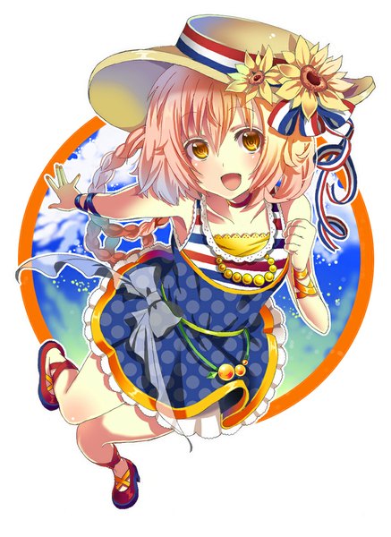 Anime picture 800x1096 with original orangina okutani toro single long hair tall image looking at viewer blush short hair open mouth white background yellow eyes pink hair from above jumping flag print france girl dress flower (flowers)