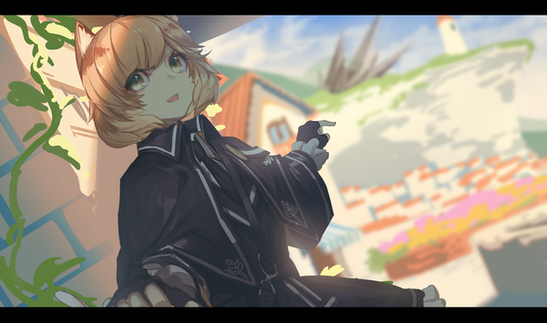 Anime picture 2700x1600 with arknights mousse (arknights) fixro2n single looking at viewer fringe highres short hair open mouth blonde hair wide image standing animal ears yellow eyes sky cloud (clouds) :d blurry cat ears cat girl