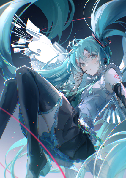 Anime picture 2894x4093 with vocaloid hatsune miku happy 16th birthday -dear creators- hatsune miku oyuyu single tall image fringe highres hair between eyes twintails very long hair aqua eyes aqua hair from below girl detached sleeves boots headphones thigh boots headset