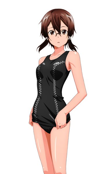 Anime picture 852x1625 with sword art online a-1 pictures asada shino shugo19 single long hair tall image looking at viewer fringe open mouth light erotic simple background hair between eyes brown hair standing bare shoulders brown eyes swimsuit pull girl swimsuit