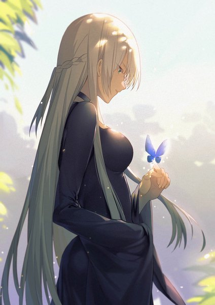 Anime picture 2480x3508 with fate (series) fate/apocrypha morgan le fay (fate) yorukun single long hair tall image fringe highres breasts blue eyes hair between eyes large breasts payot sky cloud (clouds) outdoors white hair braid (braids) long sleeves