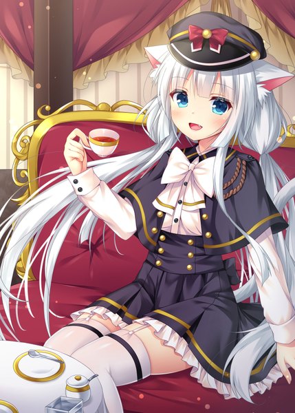 Anime picture 648x906 with original fujikura ryuune single long hair tall image looking at viewer blush fringe open mouth blue eyes smile sitting twintails holding animal ears payot bent knee (knees) white hair indoors tail