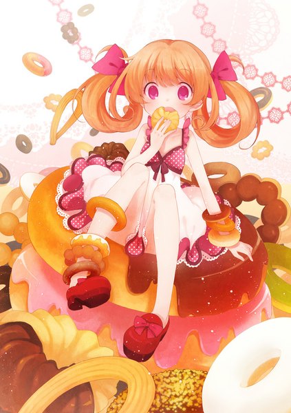 Anime picture 600x850 with original koto (colorcube) single long hair tall image blush twintails pink eyes orange hair loli legs drill hair eating polka dot girl dress bow hair bow food sweets