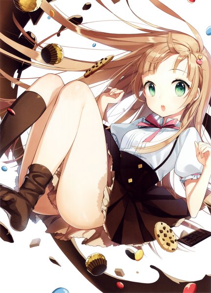 Anime picture 2243x3125 with original salt (salty) single long hair tall image looking at viewer fringe highres open mouth light erotic blonde hair green eyes ass pantyshot no shoes girl thighhighs skirt uniform hair ornament