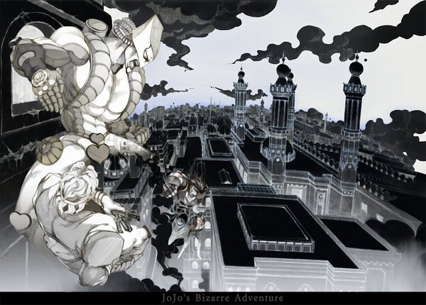 Anime picture 851x610 with jojo no kimyou na bouken kujo jotaro dio brando star platinum the world white-corner short hair sky cloud (clouds) from above multiple boys copyright name muscle hands in pockets battle stand (jojo) perspective boy building (buildings) fist