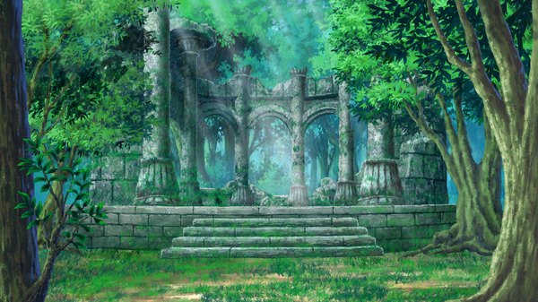 Anime picture 1280x720 with kasshoku kyonyuu no onna senshi marguerite no junan! wide image game cg no people nature plant (plants) tree (trees) grass pillar column