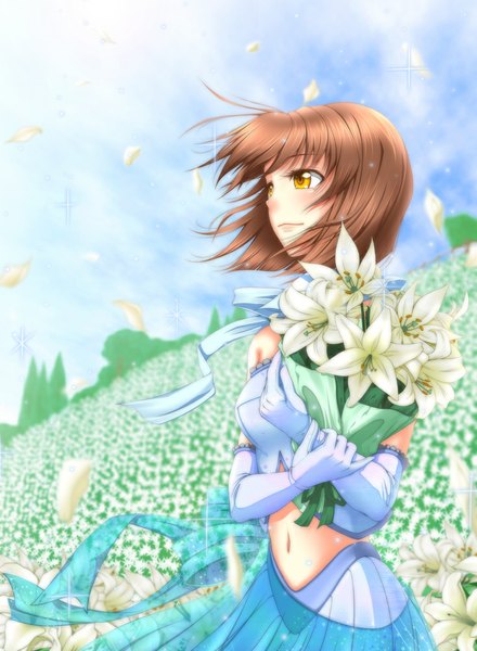 Anime picture 733x1000 with original k2-atelier single tall image blush short hair brown hair yellow eyes looking away midriff girl dress gloves navel flower (flowers) petals elbow gloves white gloves bouquet