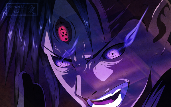 Anime picture 4500x2835 with naruto studio pierrot naruto (series) uchiha madara xryuuzakii single long hair highres open mouth black hair red eyes purple eyes absurdres coloring glowing close-up face glowing eye (eyes) angry rinnegan